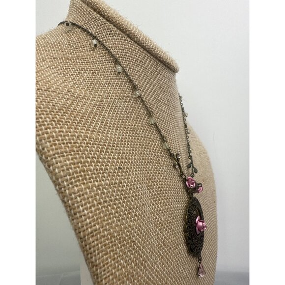 Vintage Rose Choker Necklace With Pink Flower Accents & Adjustable Chain - Picture 3 of 5